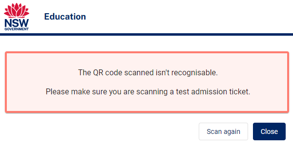QR code not recognised screen.