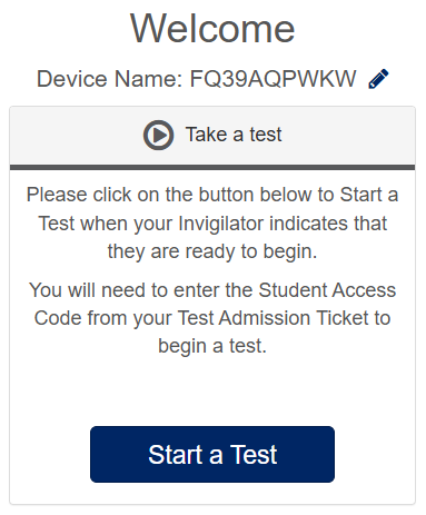 Welcome screen with a link to Start a Test.