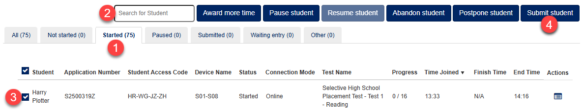Test Session Administration screen with steps to submit a student.