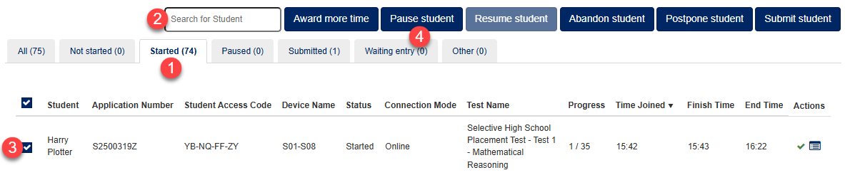 Test Administration dashboard with steps to pause a student numbered.