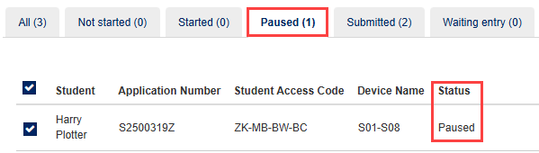Paused tab with a Status of Paused highlighted.