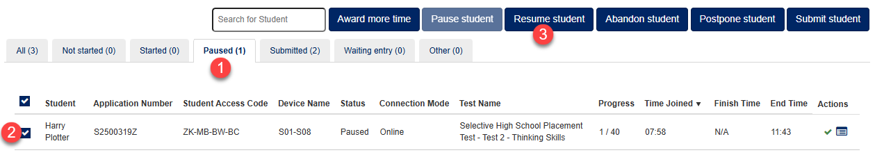Screen capture with steps to resume a student.