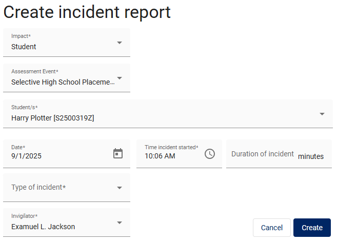 screen capture of Create incident report screen.