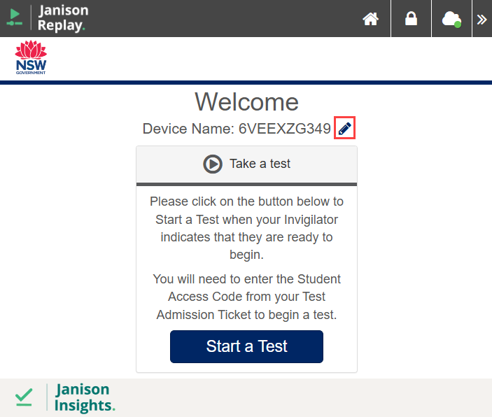 Welcome screen of the device with the edit pencil highlighted
