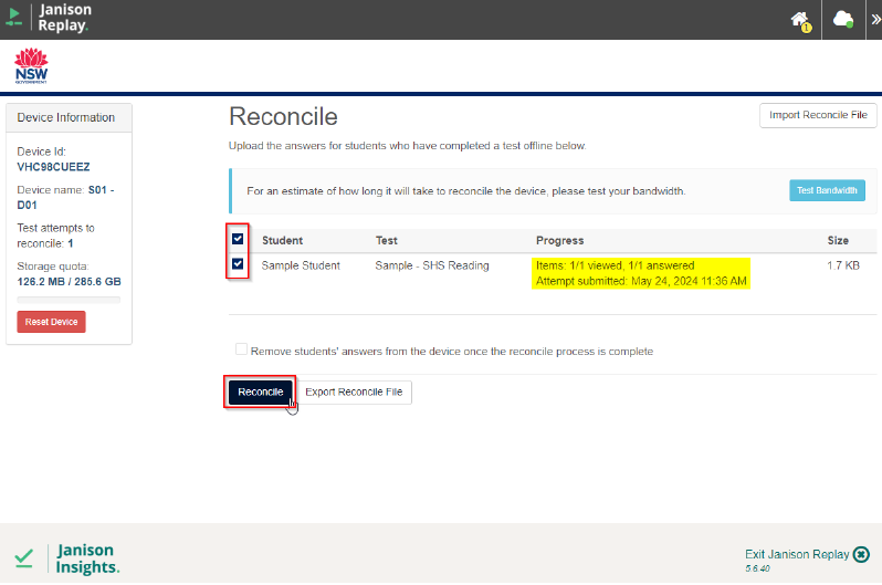 Reconcile page with button highlighted.