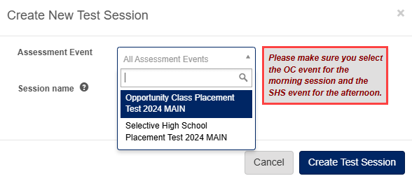 Create test session modal
