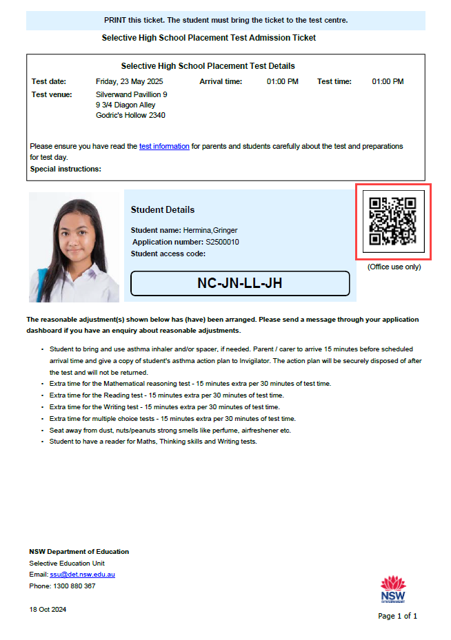 Test admission ticket